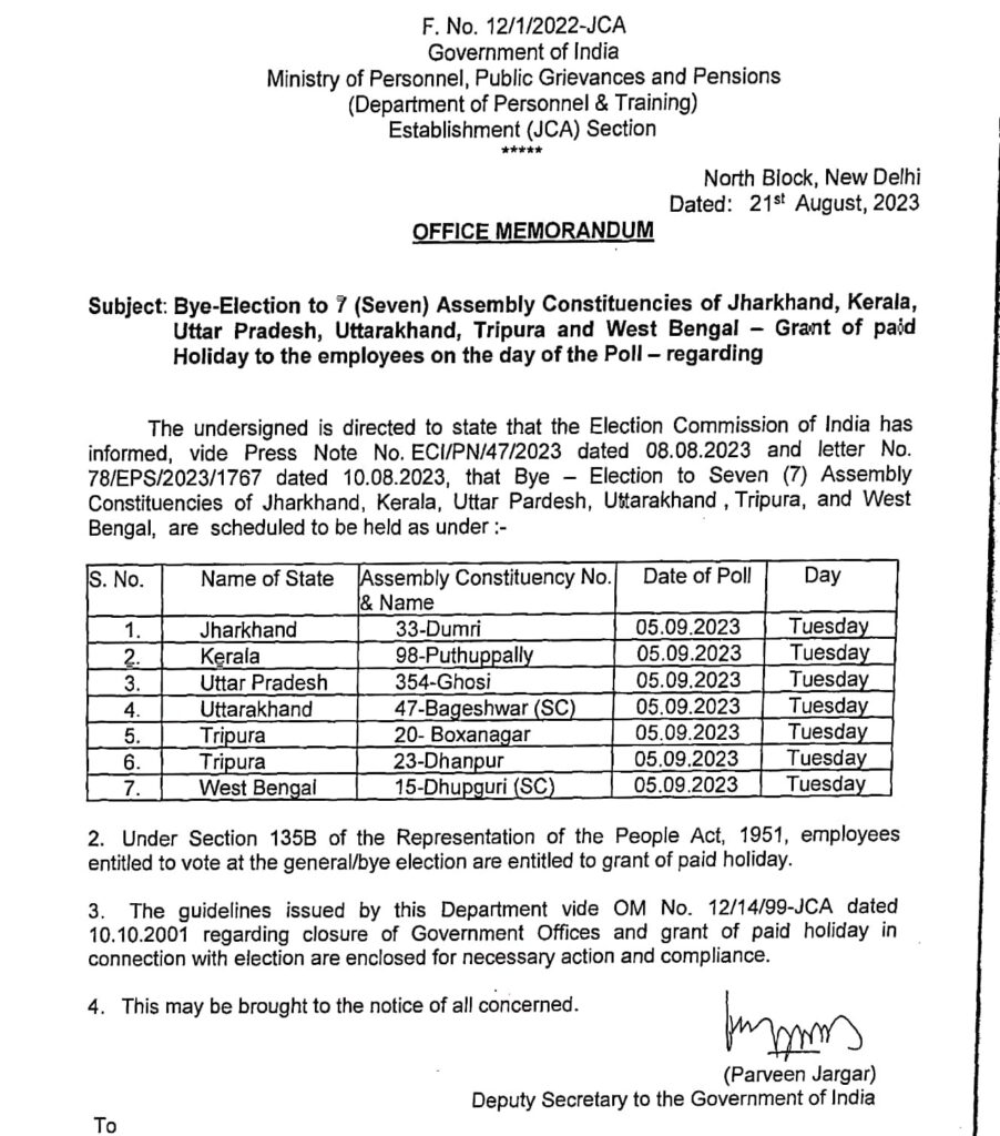 Bye Election to 7(Seven) Assembly Constituencies of Jharkhand, Kerala, Uttar Pradesh, Uttarakhand, Tripura and West Bengal - Grant of paid Holiday to the employees on the day of the Poll