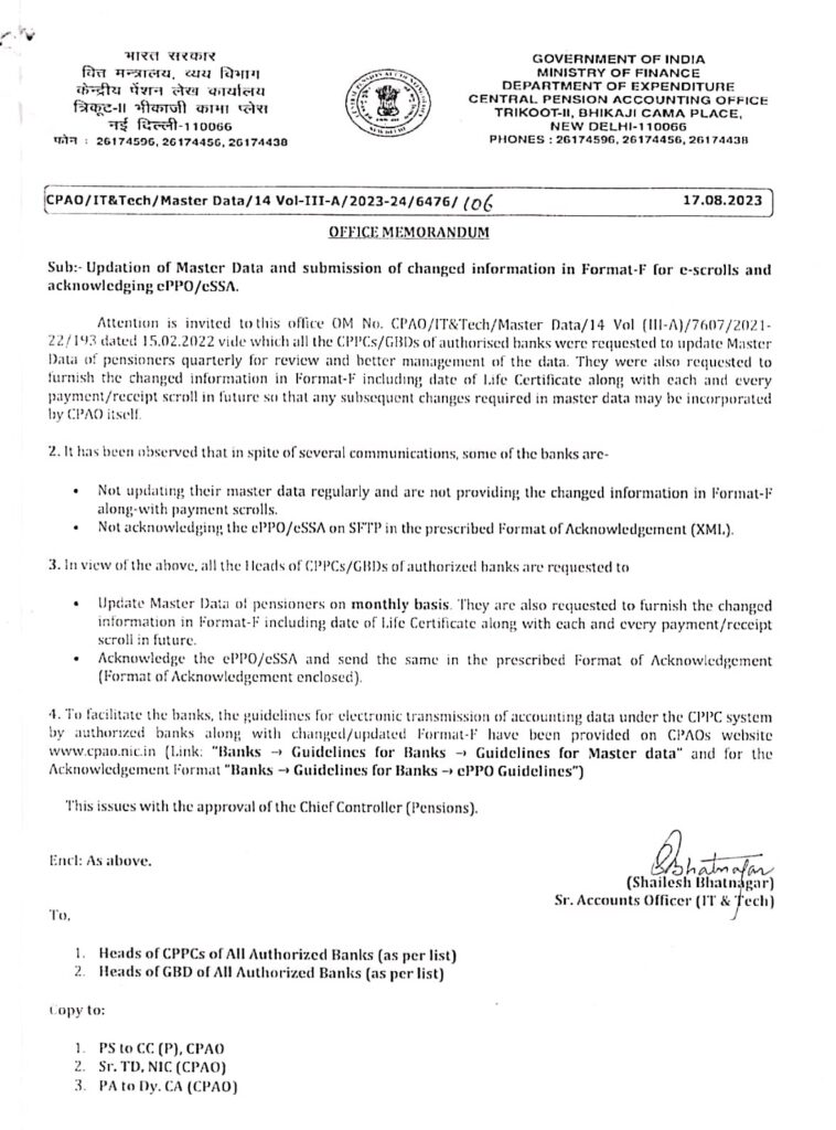 Updation of Master Data and submission of changed information in Format-F for e-scrolls and acknowledging ePPO/eSSA