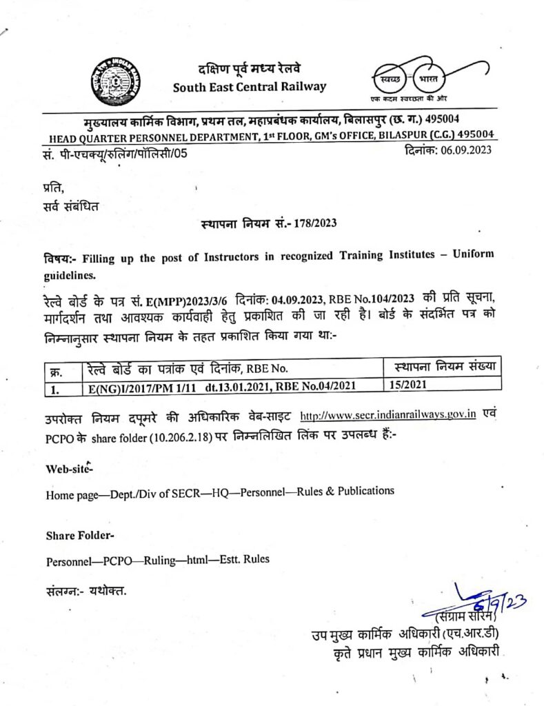 Railway Uniform guidelines - Filling up the post of Instructors in recognized Training Institutes