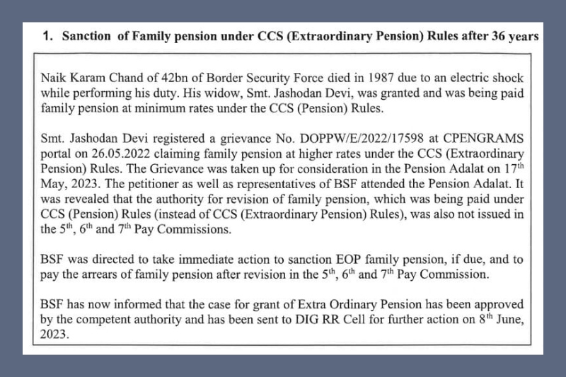 Sanction of Family pension under CCS (Extraordinary Pension) Rules after 36 years - DoP&PW