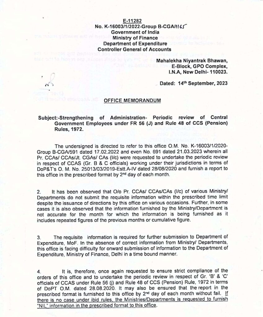 Strengthening of Administration- Periodic review of Central Government Employees