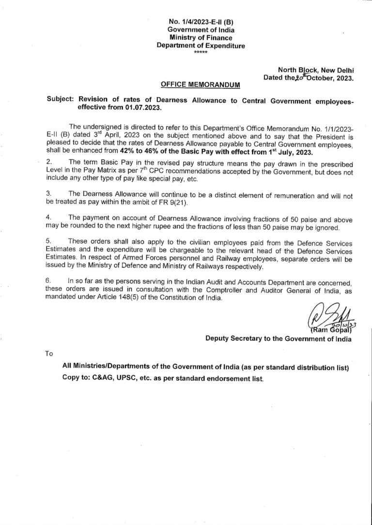 Download Central Government Employees DA order wef 1st July 2023 PDF
