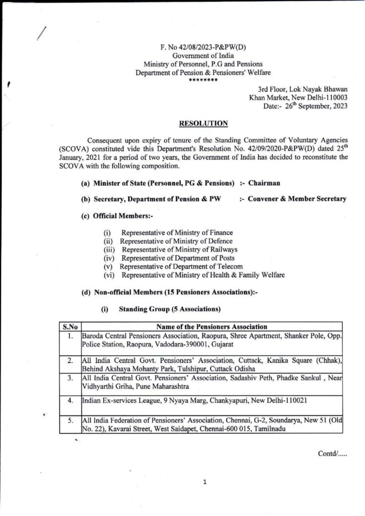 Reconstitution of Standing Committee of Voluntary Agencies (SCOVA) - Composition of Committee : DoPPW Resolution dated 26.09.2023