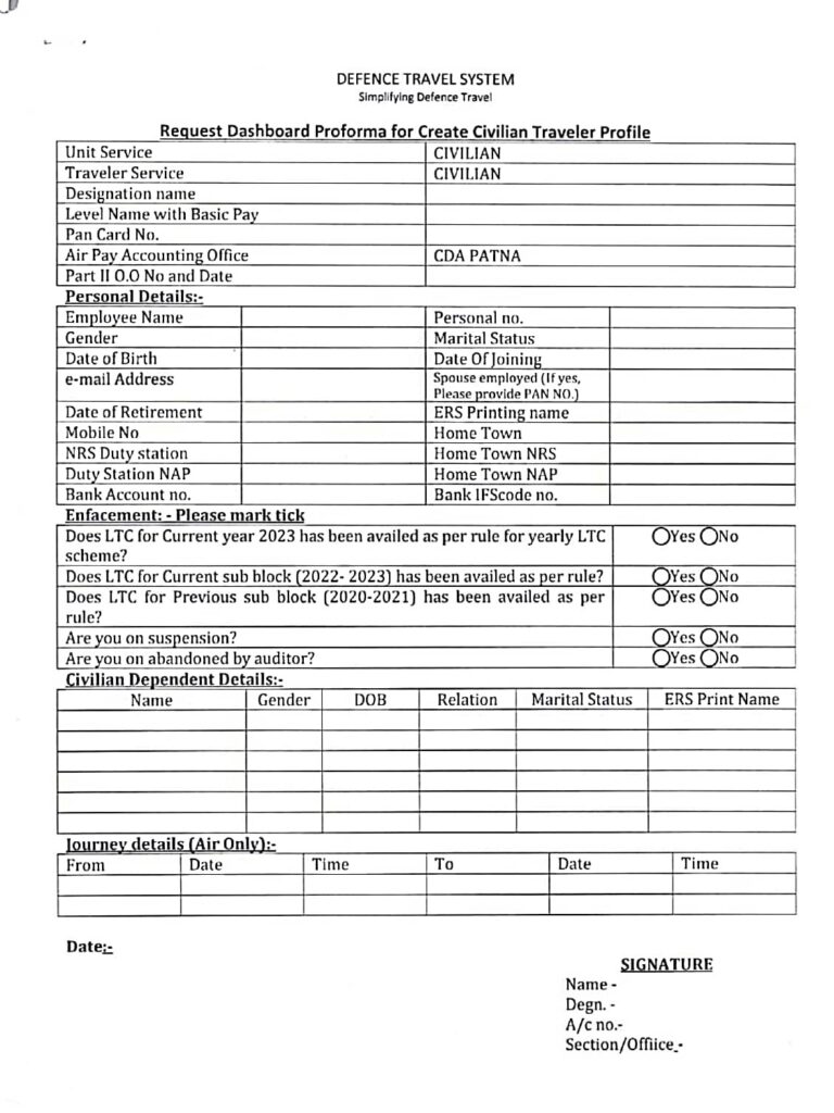 Booking of Air/Train tickets on Tour/LTC for D.A.D officials through Defence Travel System Platform