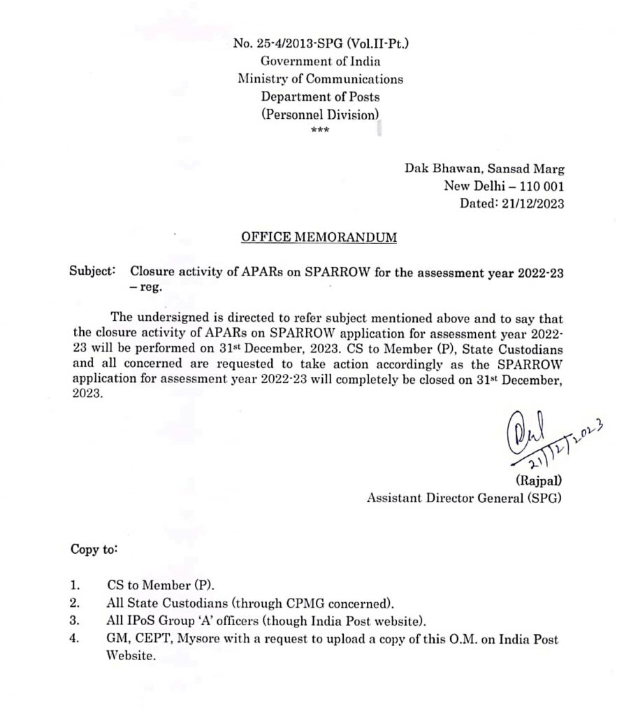 Closure activity of APARs on SPARROW for the assessment year 2022-2023