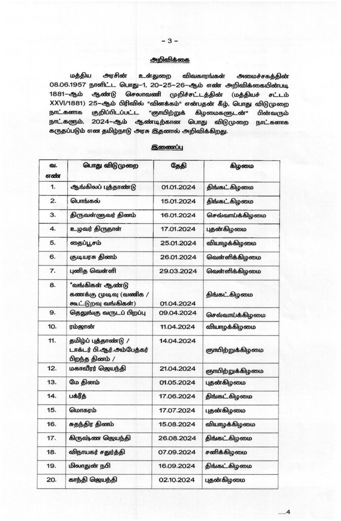 Tamil Nadu Govt Public Holiday List 2024